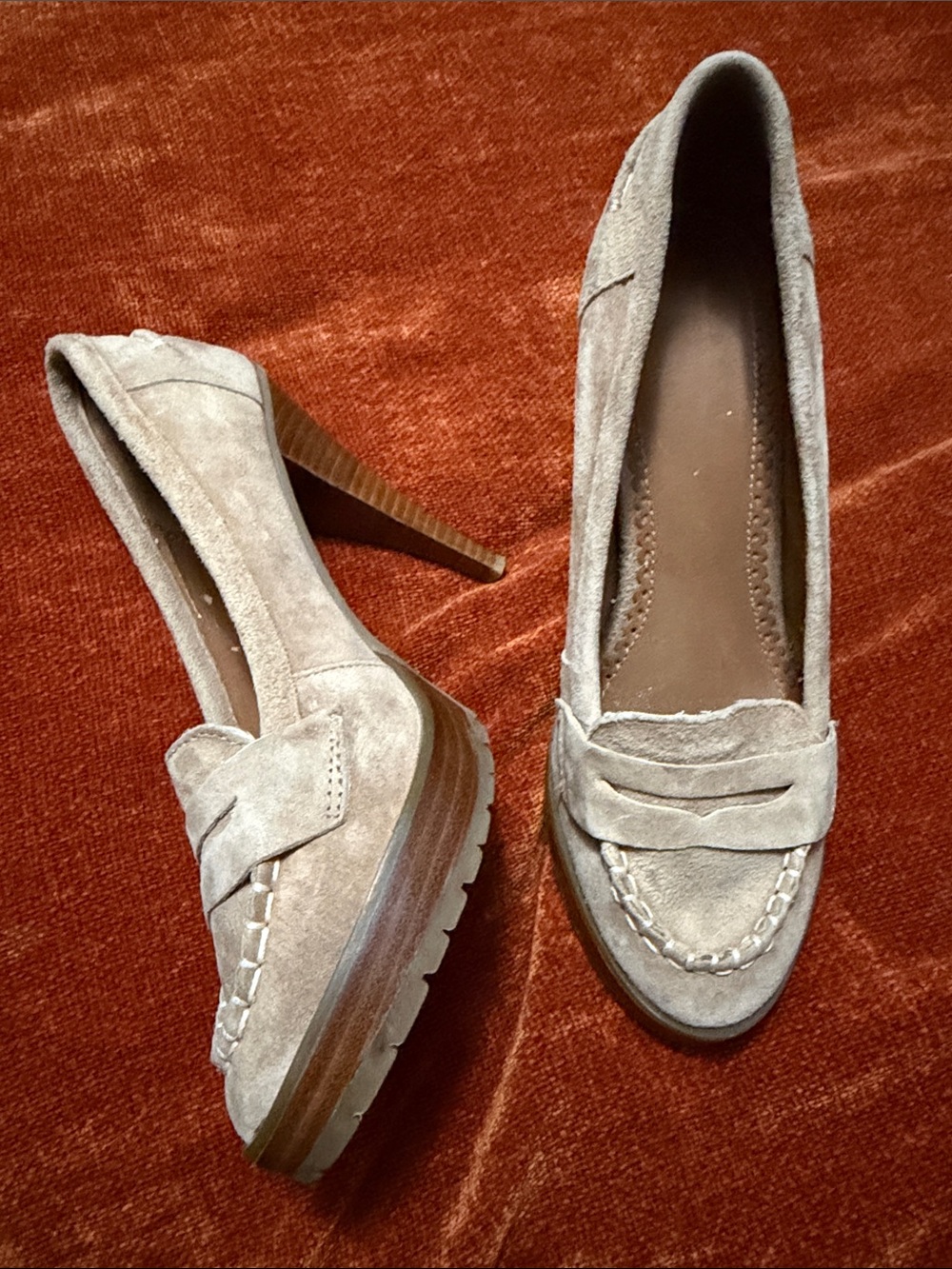 envy | Taupe Suede Platform Loafer Style Heels | 8.5
